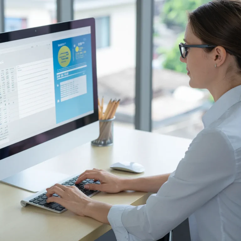 Woman sitting and typing at a computer